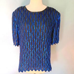 Vintage silk beaded, sequined blouse. Laurence Kazar. 2X.